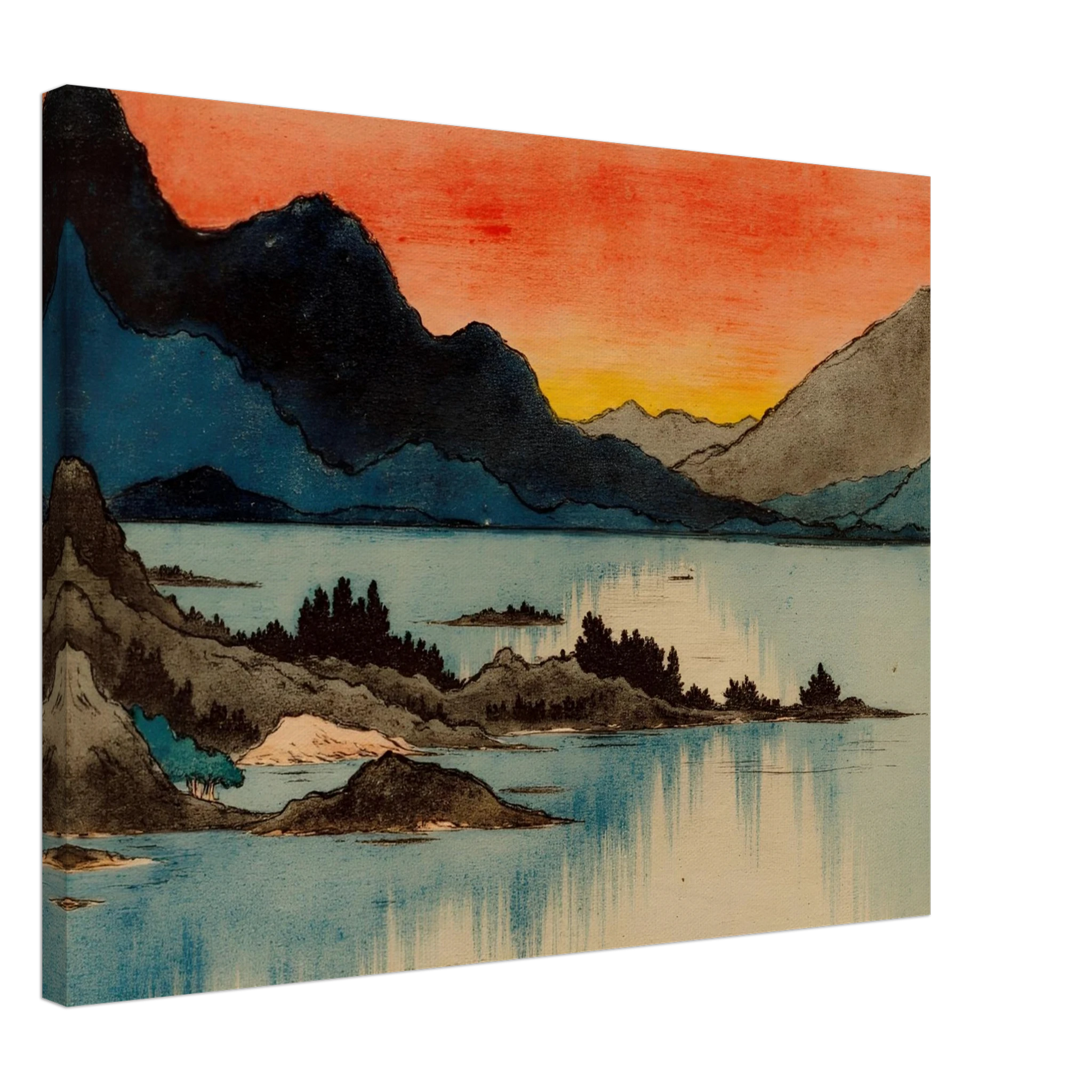Layered mountain silhouettes meet a glowing red and yellow sunset above calm blue lake waters in a serene scenic view.