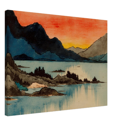 Layered mountain silhouettes meet a glowing red and yellow sunset above calm blue lake waters in a serene scenic view.