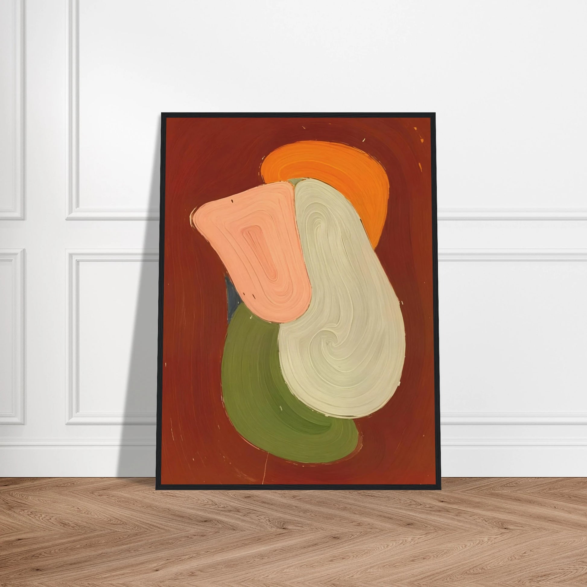 Bold layered organic figure in blush, ivory, olive, and amber rises against a deep rust field with sculptural modern presence.