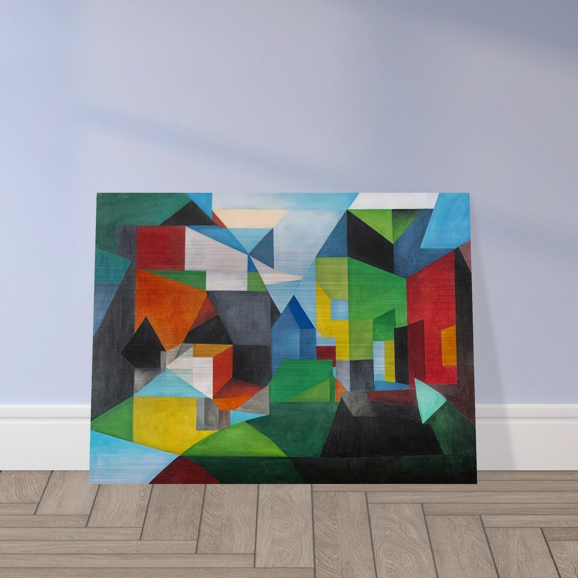 Abstract painting with vibrant geometric shapes forming a village-like scene with houses and landscapes.