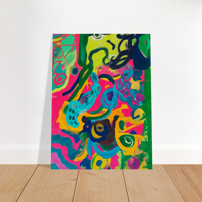 A vibrant abstract painting bursting with bright pink, green, blue, and yellow swirls, creating a lively and energetic composition.