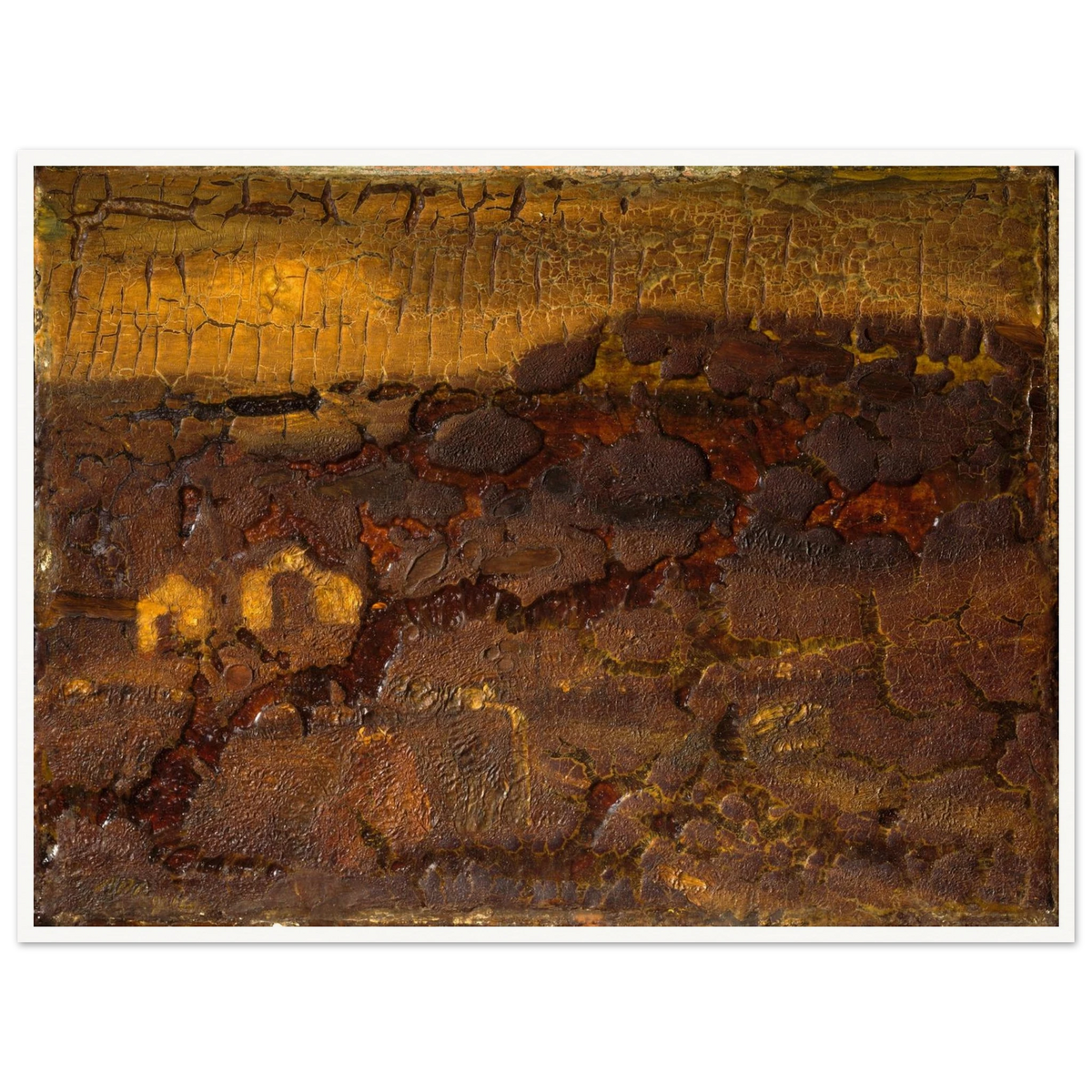A textured earthwork surface in cracked brown, ochre, and gold tones with layered organic relief.