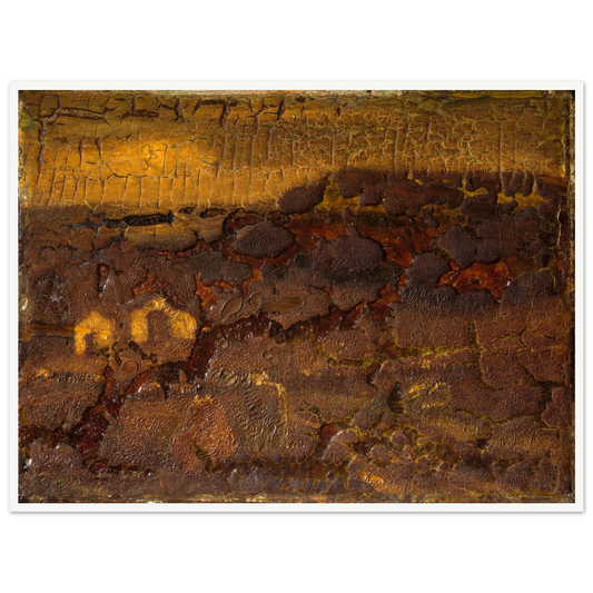 A textured earthwork surface in cracked brown, ochre, and gold tones with layered organic relief.