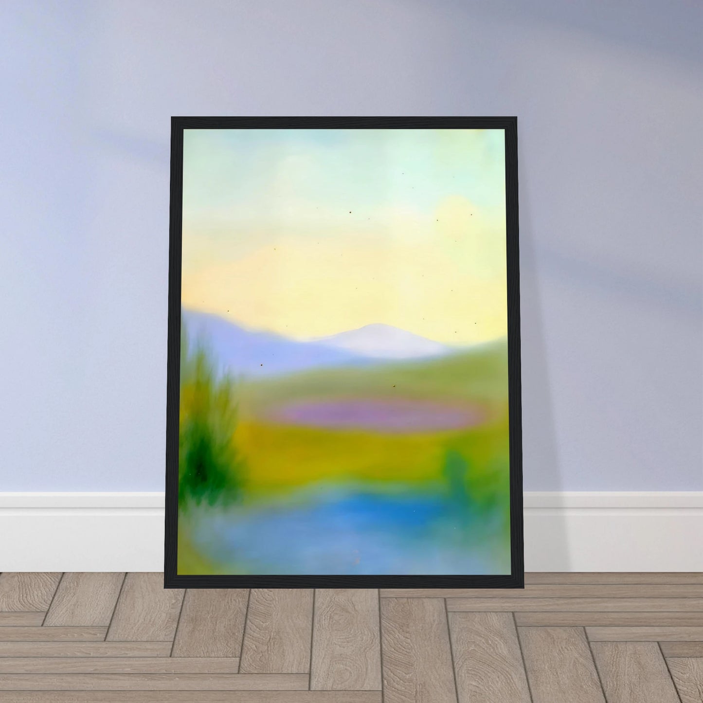 Dreamlike hills, blue waters, and lavender fields glow beneath a pale sky in a tranquil countryside scene.