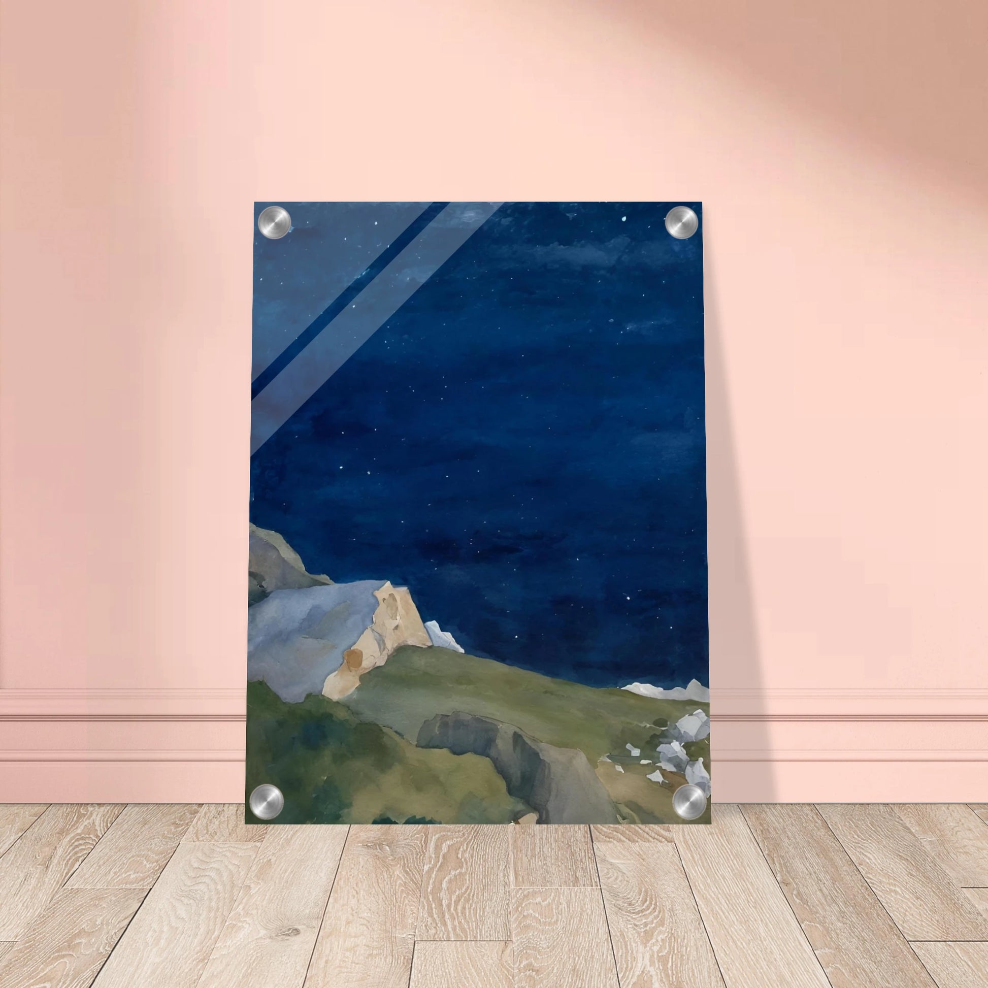 A tranquil night scene of rocky cliffs under a starlit indigo sky, evoking solitude and quiet wonder.
