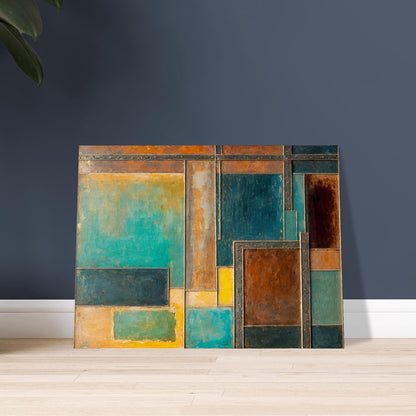 A textured painting featuring geometric metallic panels in earthy browns, deep blues, and golden yellows, evoking an industrial aesthetic.