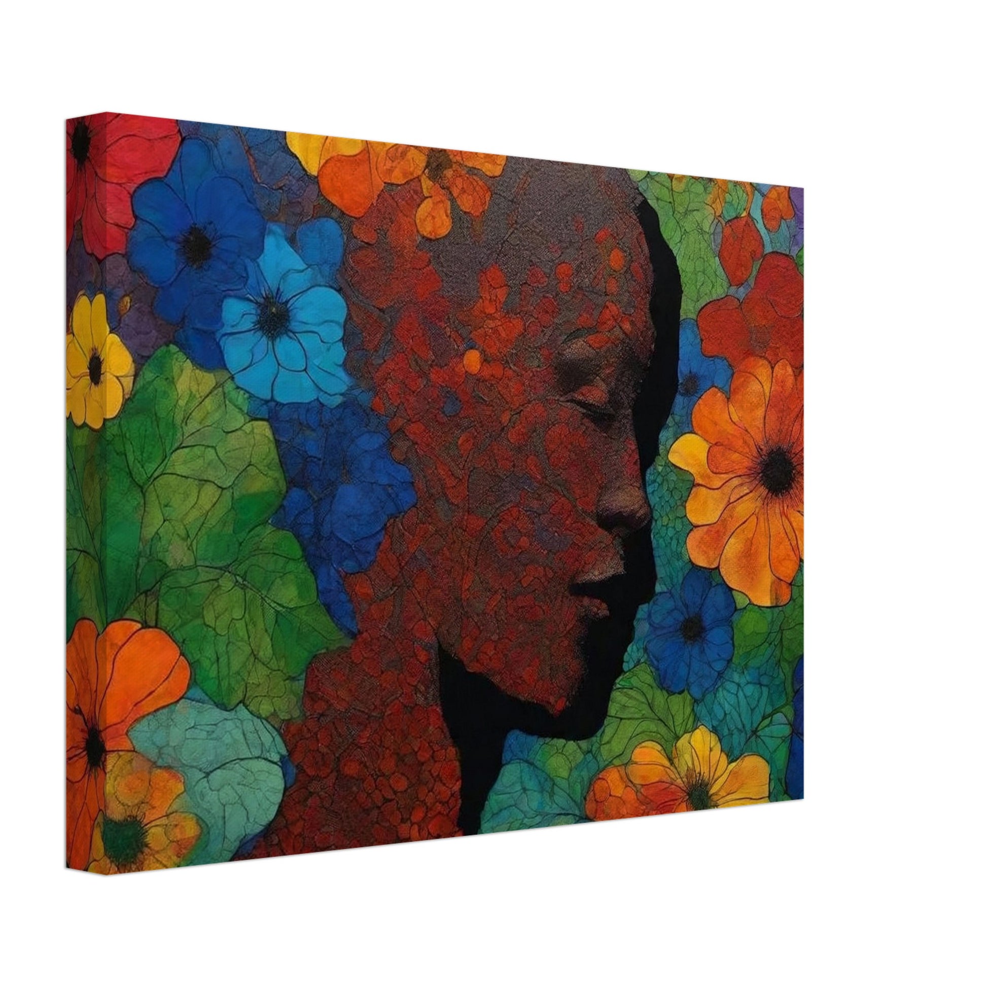 "A colorful and intricate painting of a silhouetted face surrounded by vivid red, blue, yellow, and orange flowers, blending nature with human form."