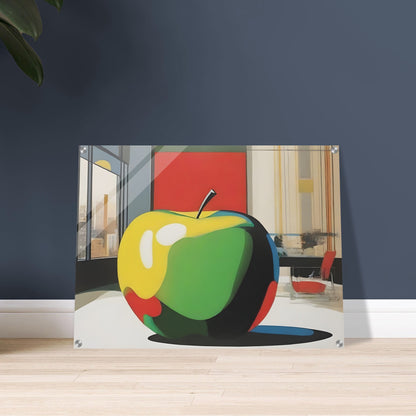 Modern artwork depicting a vibrant, oversized apple in a contemporary room with cityscape views and bold geometric shapes.