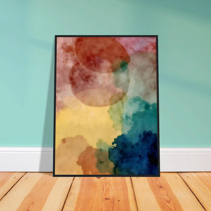 An abstract watercolor composition featuring overlapping translucent shapes in soft pink, yellow, teal, blue, and earth tones, creating a dreamy and atmospheric visual balance.