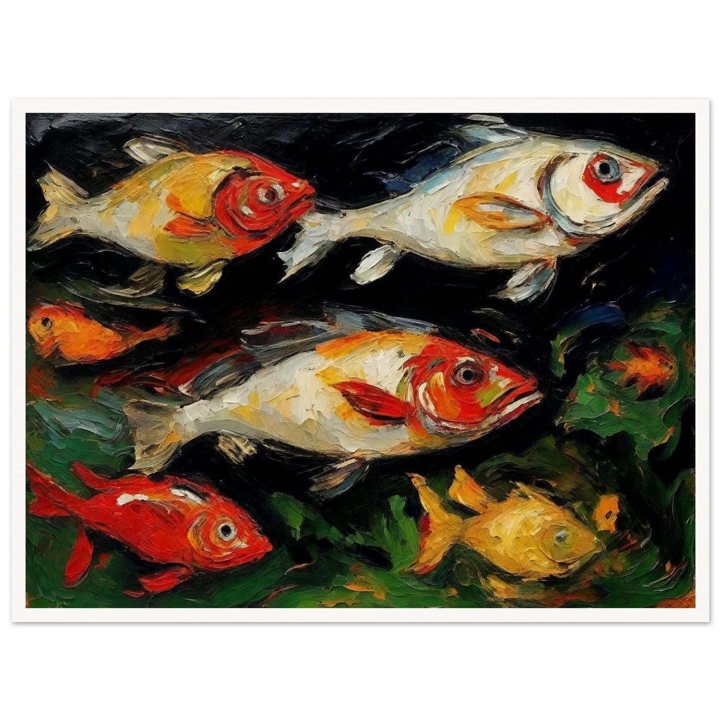 A vibrant painting of multiple colorful fish swimming in a dark aquatic environment, showcasing dynamic brushstrokes and rich hues.