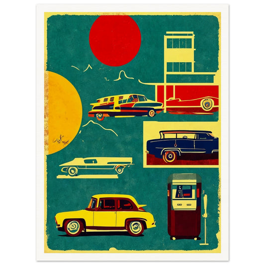 A vibrant artwork featuring classic vintage cars and a retro gas pump in bold colors, set against a backdrop of red and yellow suns.