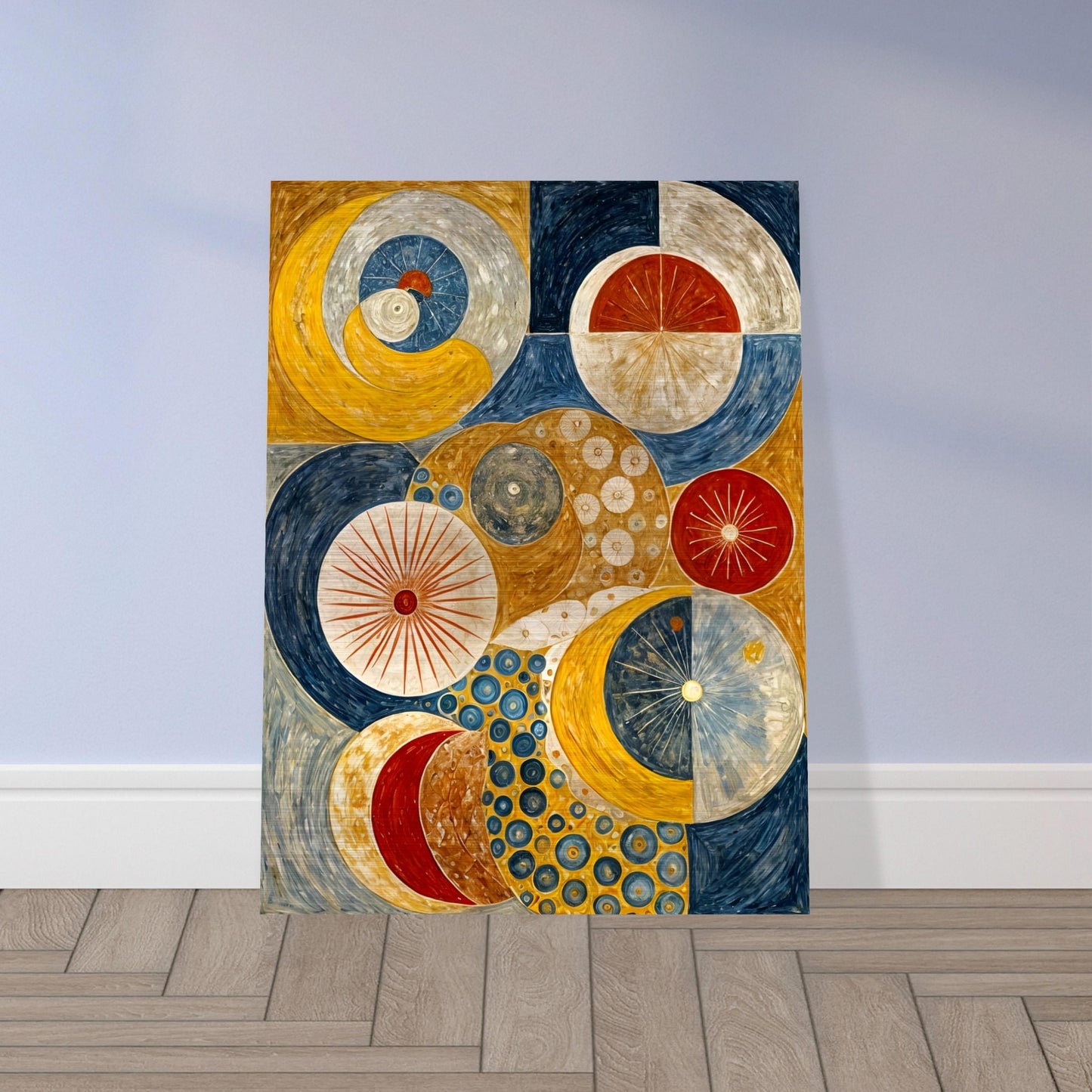 A celestial-inspired painting featuring intricate circular patterns, planetary orbits, and golden, blue, and red tones evoking a cosmic balance.