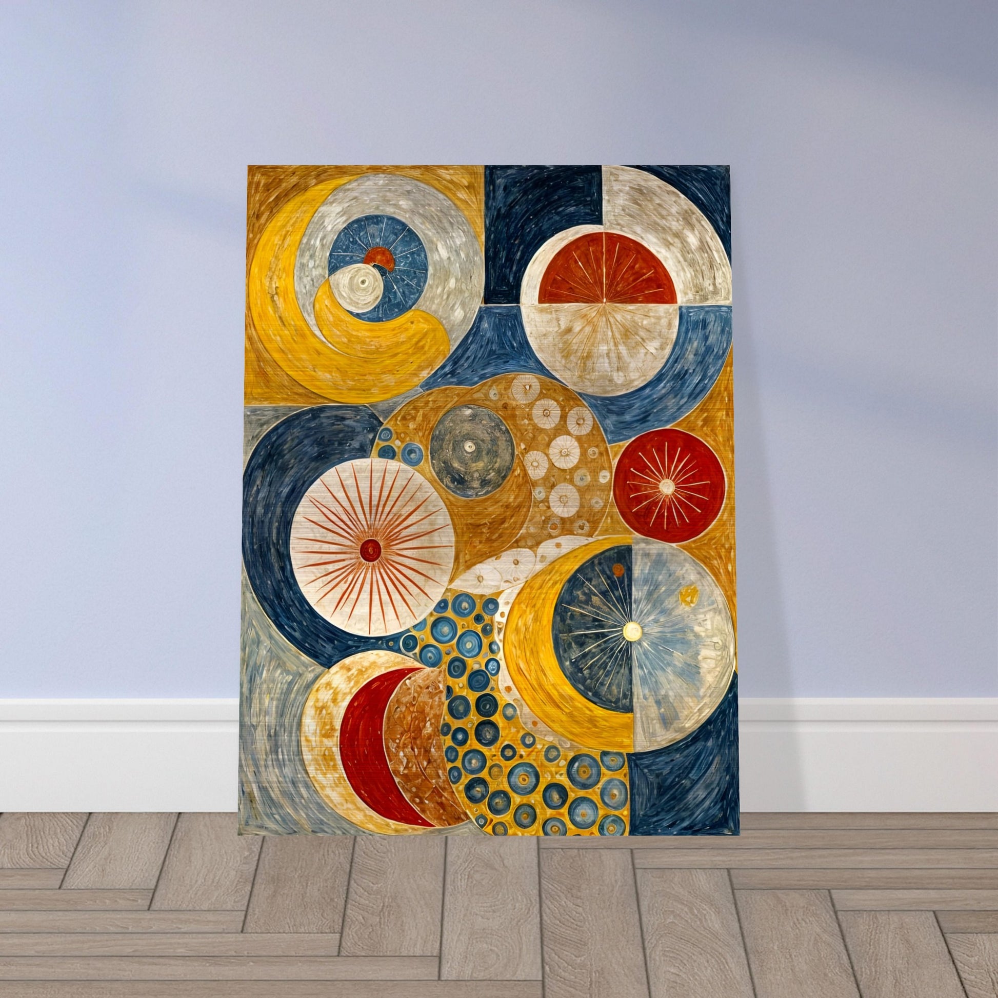 A celestial-inspired painting featuring intricate circular patterns, planetary orbits, and golden, blue, and red tones evoking a cosmic balance.