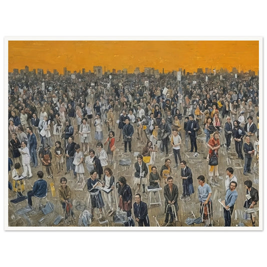 A detailed painting of a large crowd of people gathered in an open space under a vibrant orange sky at sunset. The diverse crowd features individuals engaged in various activities, with the city skyline visible in the background.