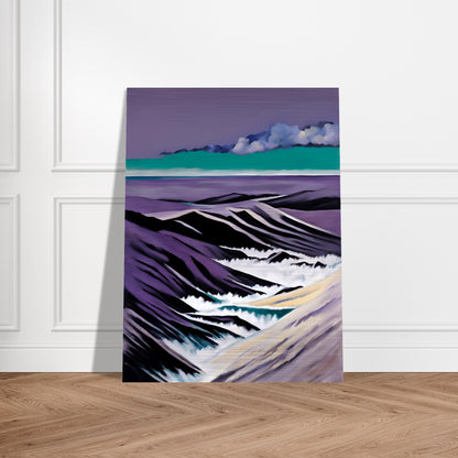 A striking seascape with deep purple mountains, foamy white waves, and a teal horizon beneath dramatic cloud formations.