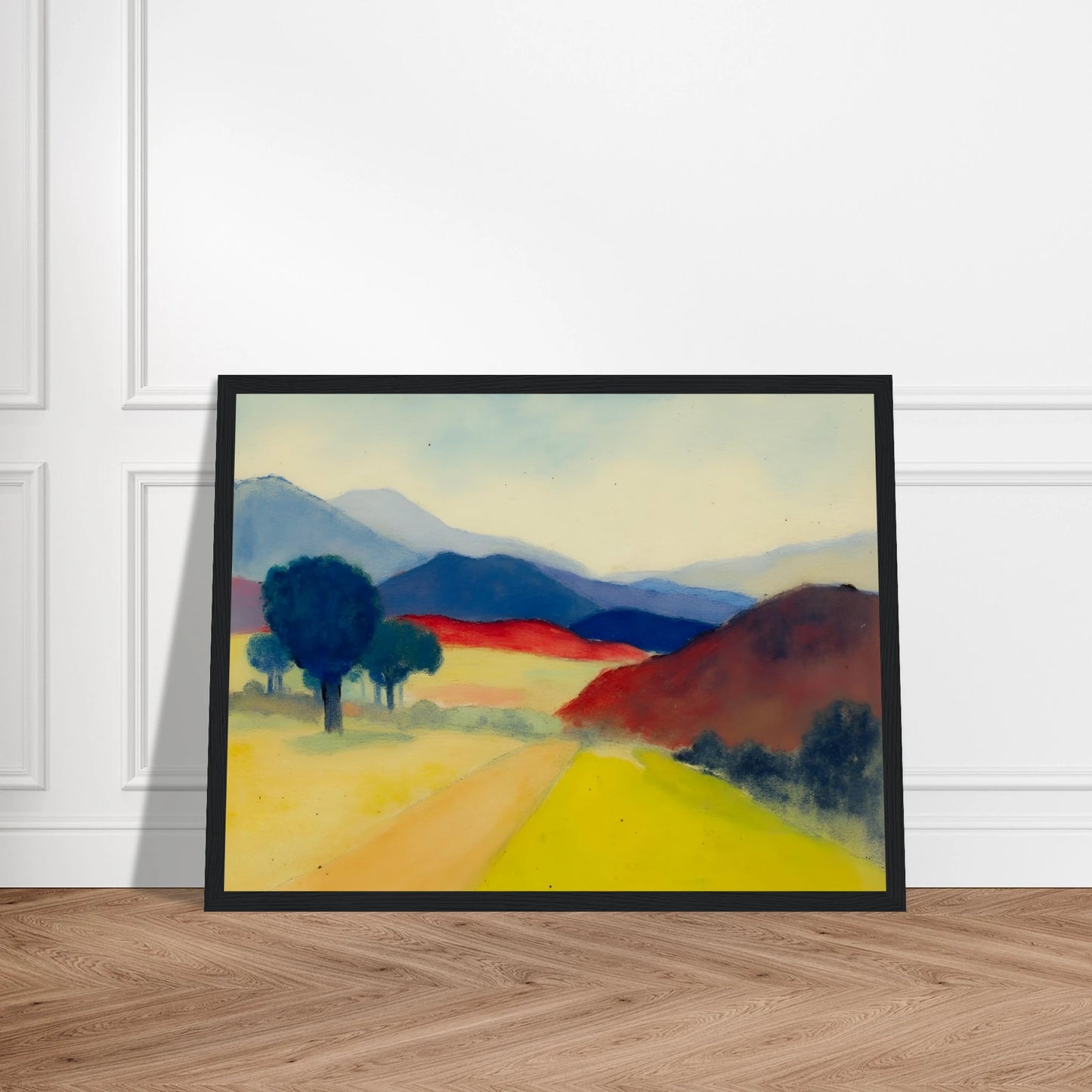 A serene expressionist landscape featuring a pale country road winding through golden fields, deep blue trees, crimson hills, and layered mountains fading into the distance beneath a soft sky.