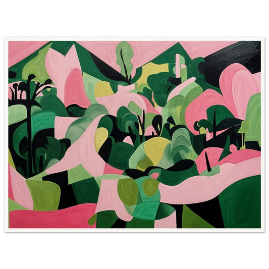 "An abstract painting filled with organic green and pink shapes, resembling a vibrant landscape of rolling hills and trees in a surreal, geometric style."