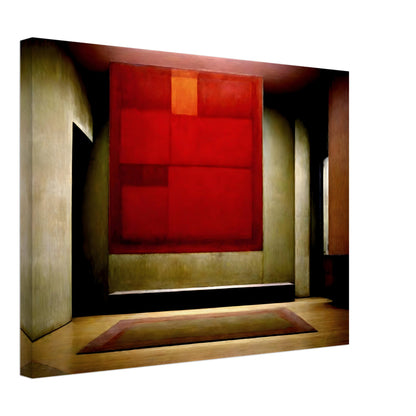 A moody interior featuring a large red abstract painting suspended in a dimly lit space, with soft shadows and warm earthy tones creating a contemplative atmosphere.