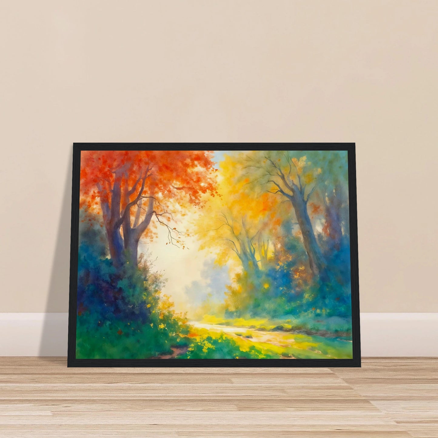 Luminous forest path framed by fiery autumn leaves, golden sunlight, and misty blue-green woods in a vibrant dreamlike landscape.