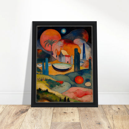 A surreal fantasy landscape featuring colorful geometric buildings, a small boat, rolling hills, glowing celestial spheres, and a palm tree beneath a dark starry sky.