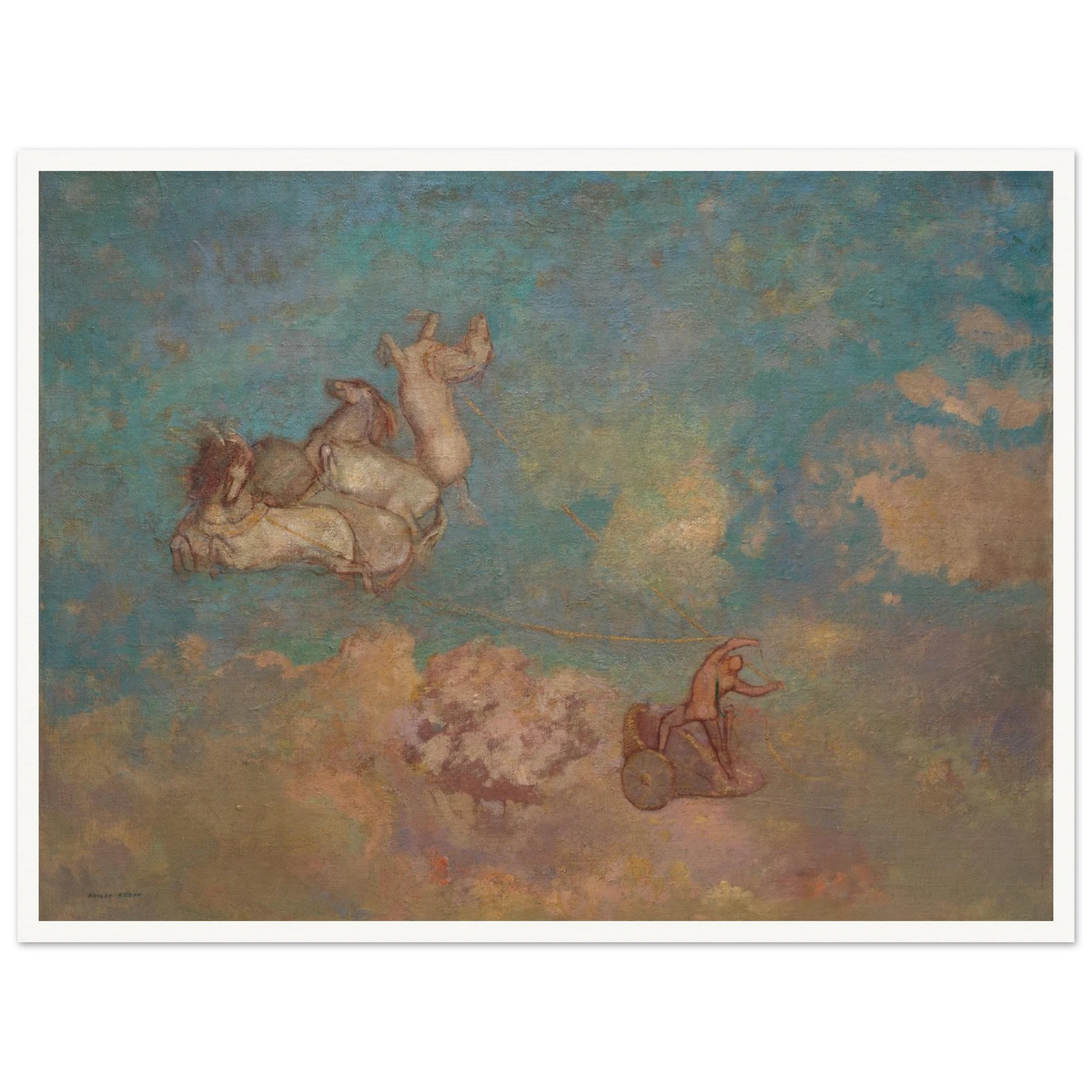 Apollo drives a chariot pulled by horses through a dreamy blue sky with soft clouds and pastel light.
