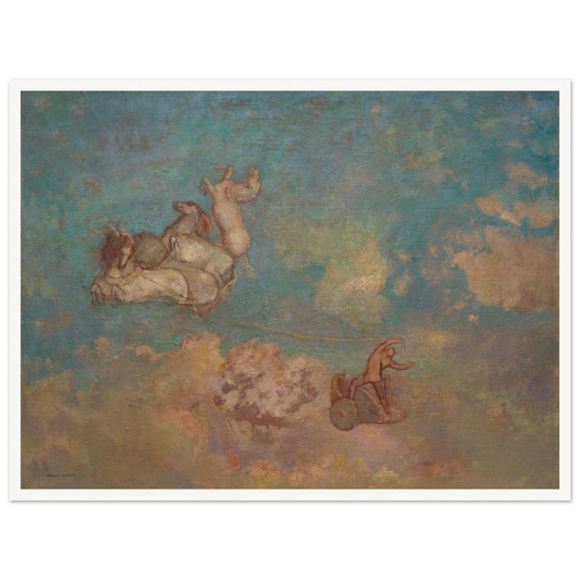 Apollo drives a chariot pulled by horses through a dreamy blue sky with soft clouds and pastel light.