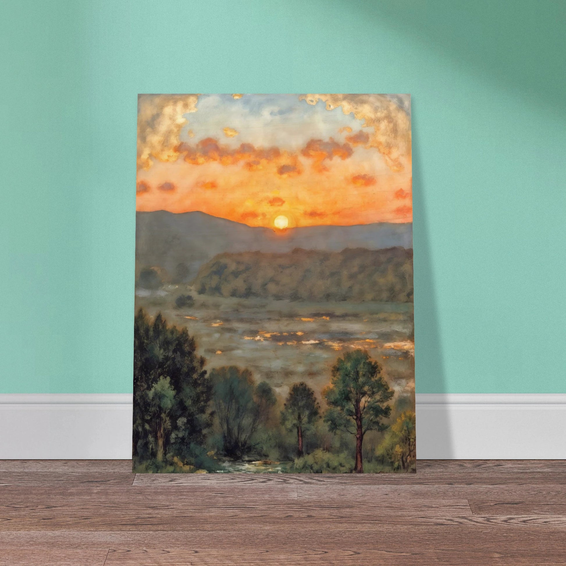 A glowing sunset over misty hills and a river valley, where the sky burns in orange light above soft green trees.