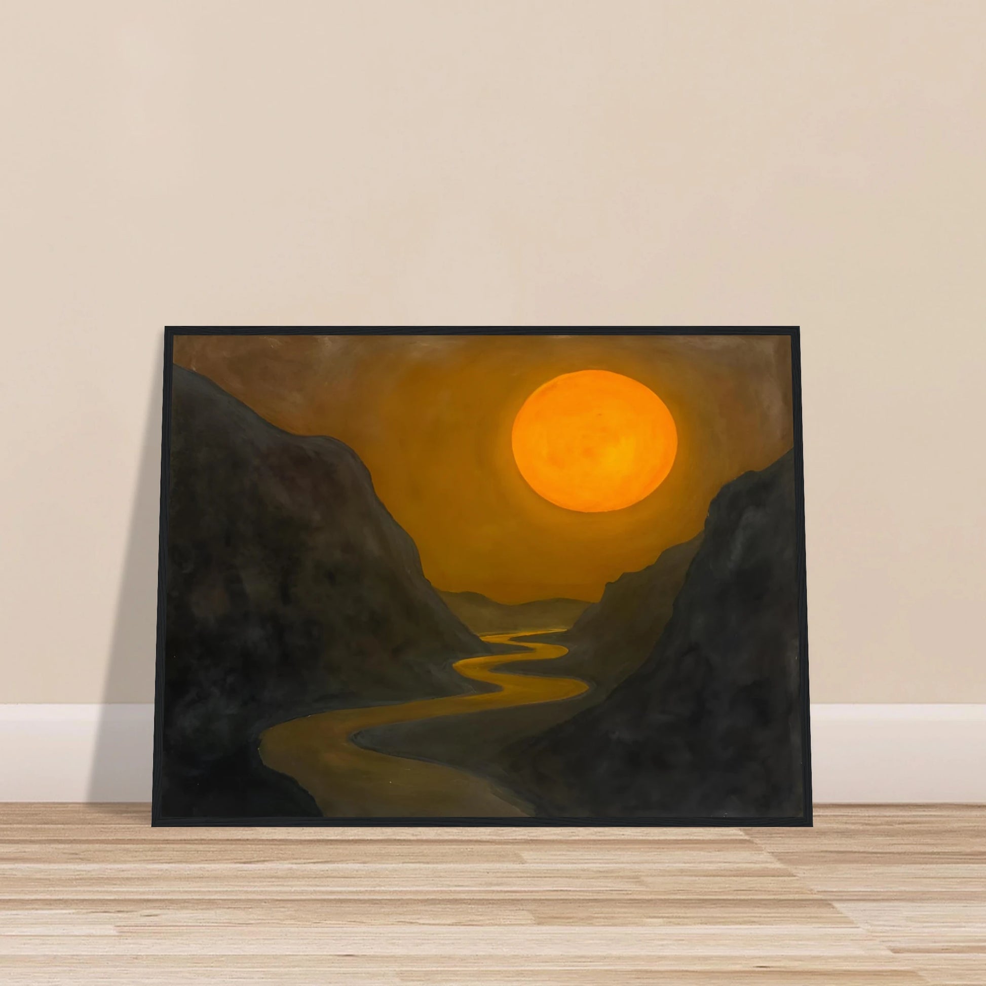 A glowing sun hovers over a winding river cutting through dark mountain valleys in a golden, dusky scene.