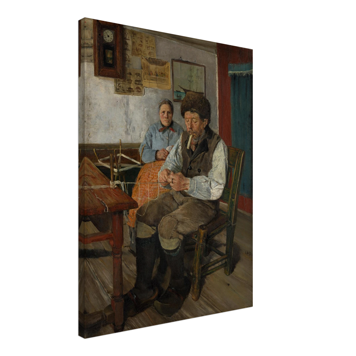 Fisherman mends a net while a woman sits behind him in a modest interior