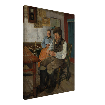 Fisherman mends a net while a woman sits behind him in a modest interior