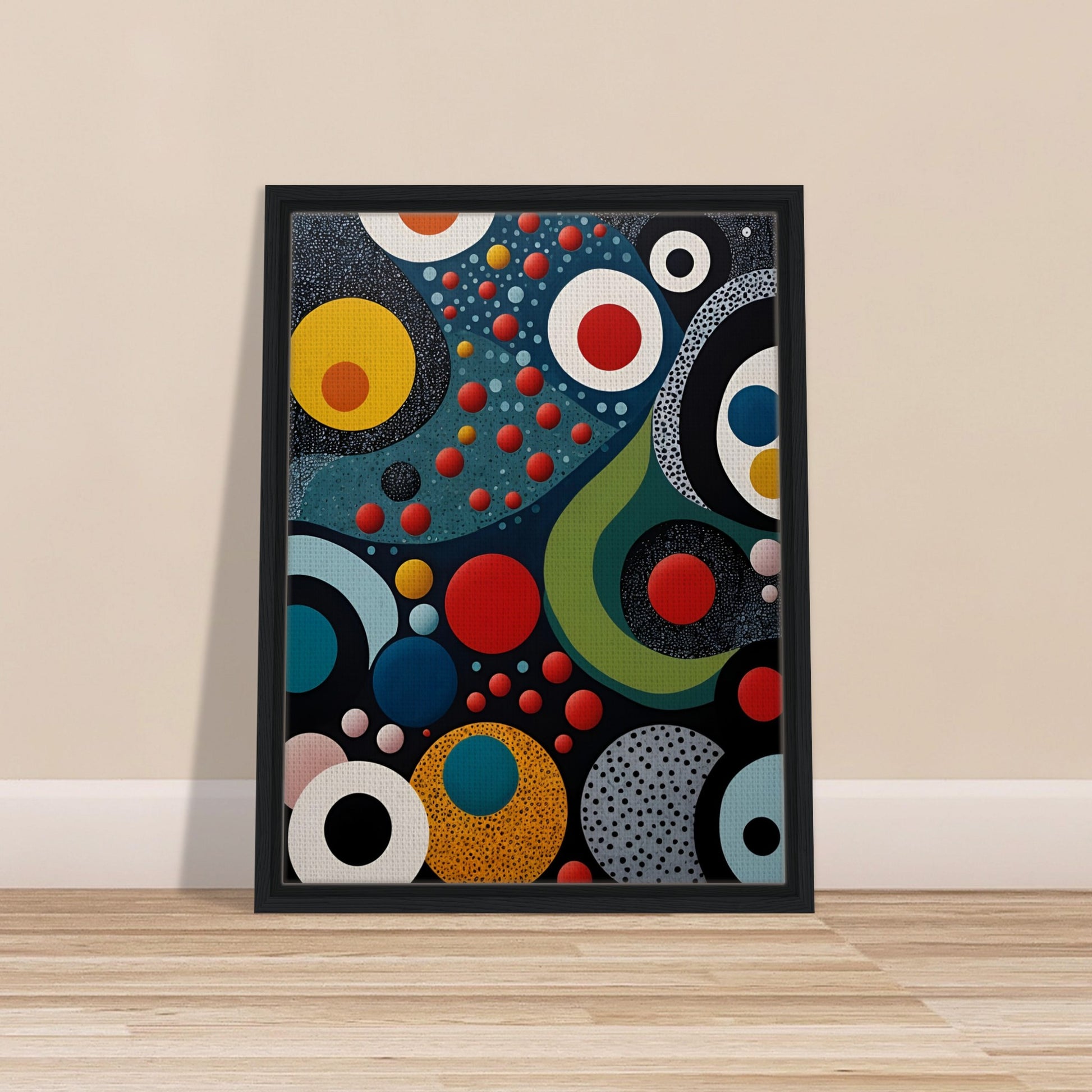 A vibrant geometric painting with bold circles, dots, and flowing shapes in red, blue, yellow, and black, resembling a cosmic abstract scene.