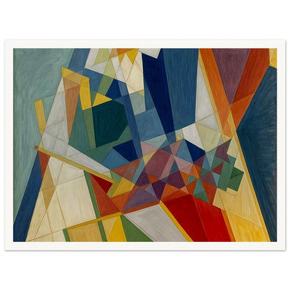 An abstract painting showcasing intersecting geometric shapes in vibrant colors, creating a harmonious and dynamic composition.