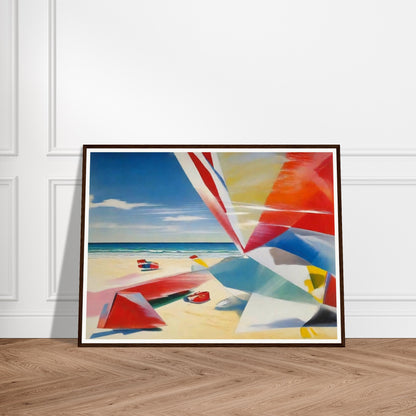 "A colorful beach scene with abstract geometric shapes in red, blue, and yellow on the sand, with a clear sky and calm ocean."