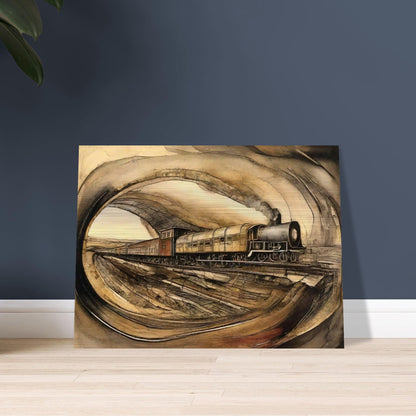 "A detailed painting of a steam engine train traveling through a tunnel, with a sepia-toned landscape surrounding the scene, evoking a sense of vintage travel."