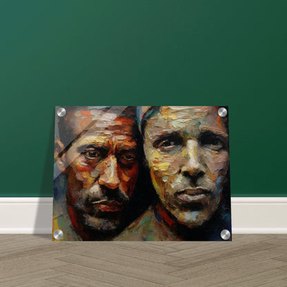 A powerful oil painting of two men with expressive, textured faces, capturing emotions and depth through vibrant brushstrokes.