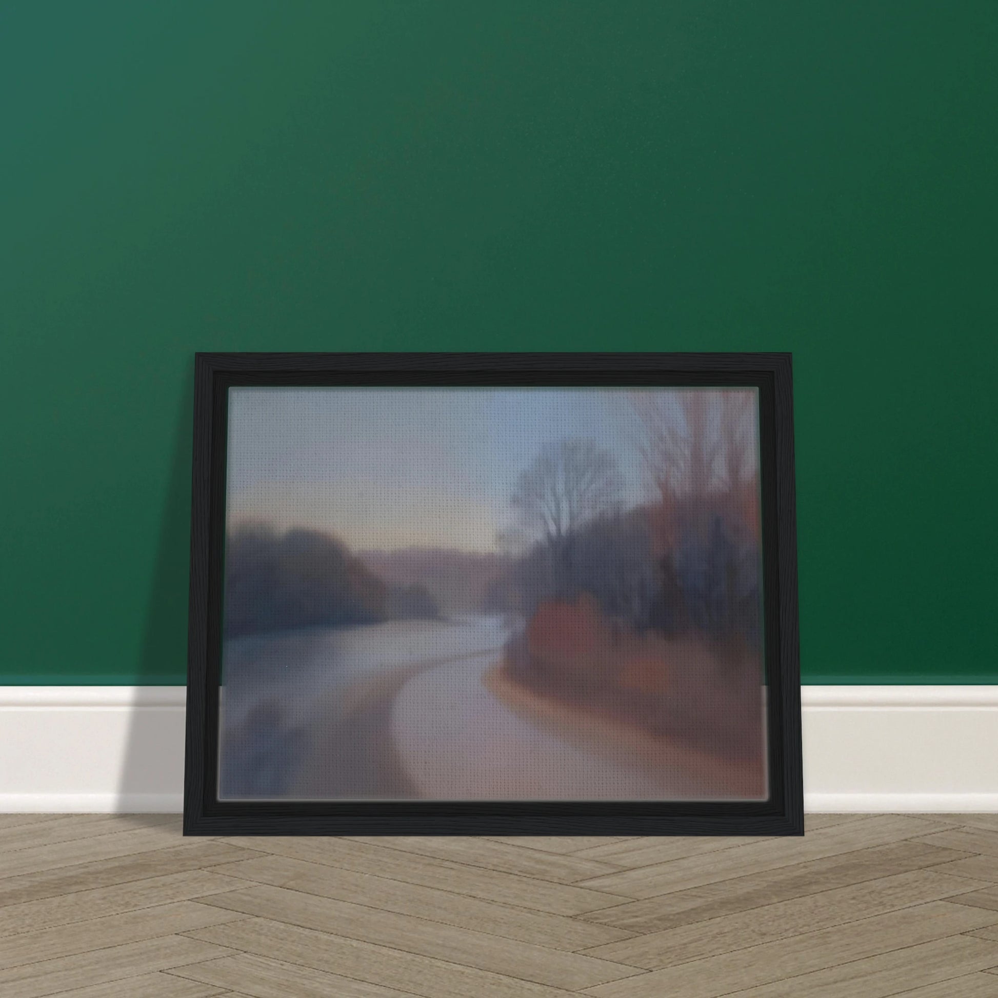 A soft river curves through misty woodlands at dusk, with blurred trees fading into gentle blue and mauve tones.