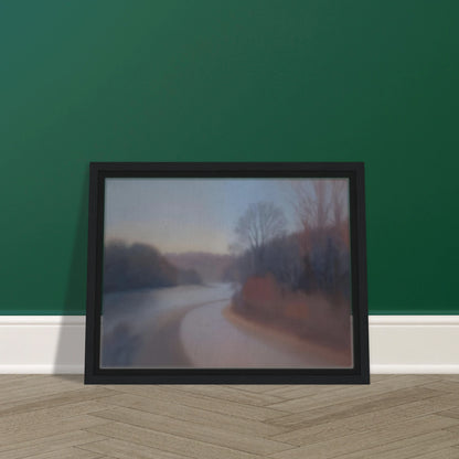 A soft river curves through misty woodlands at dusk, with blurred trees fading into gentle blue and mauve tones.