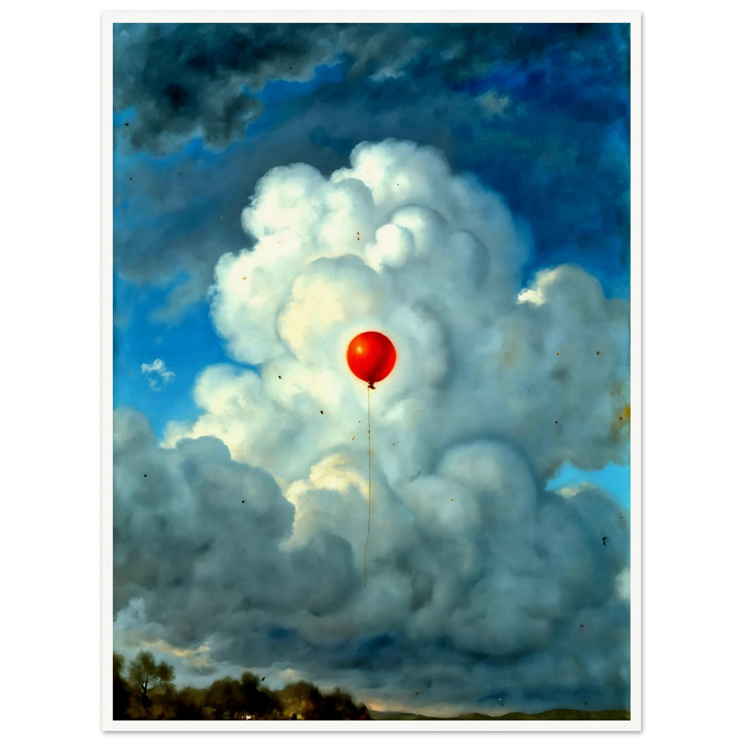 Single red balloon floating through towering white clouds against a dramatic blue sky, creating a surreal scene of hope and wonder.