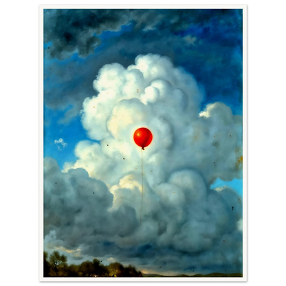 Single red balloon floating through towering white clouds against a dramatic blue sky, creating a surreal scene of hope and wonder.