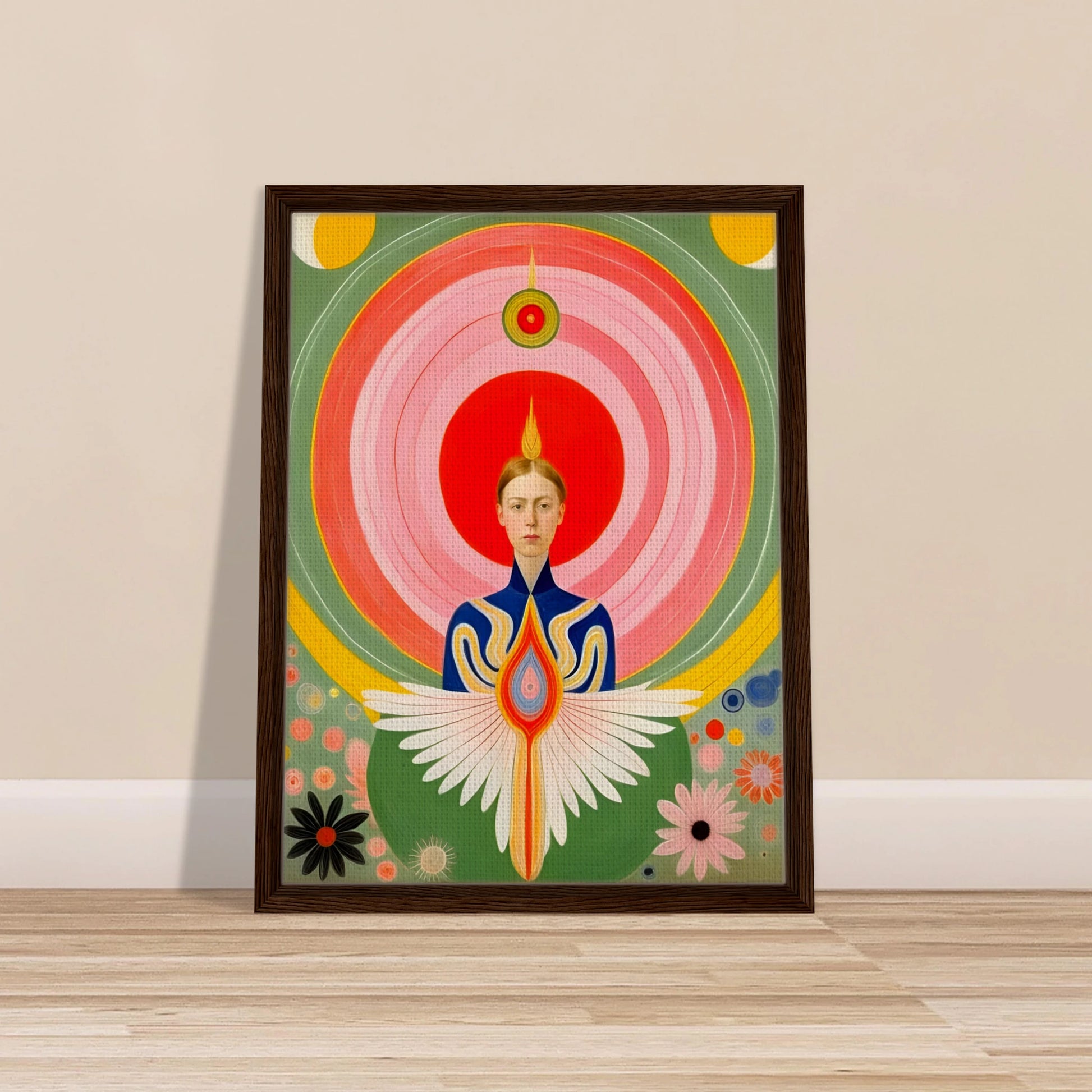 Stylized portrait of a serene woman with flaming crown, geometric wings, and concentric radiating circles in vibrant warm hues.