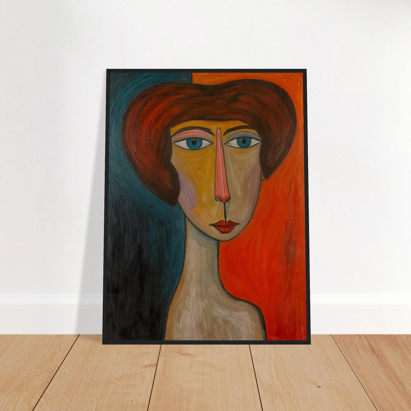 Bold-faced portrait with exaggerated features, split by warm and cool tones, exuding quiet strength and duality.