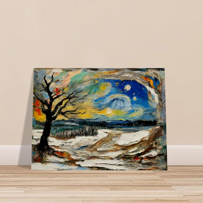 Vibrant painting of a night landscape with swirling stars, a bare tree, snowy ground, and dynamic colors evoking motion and energy