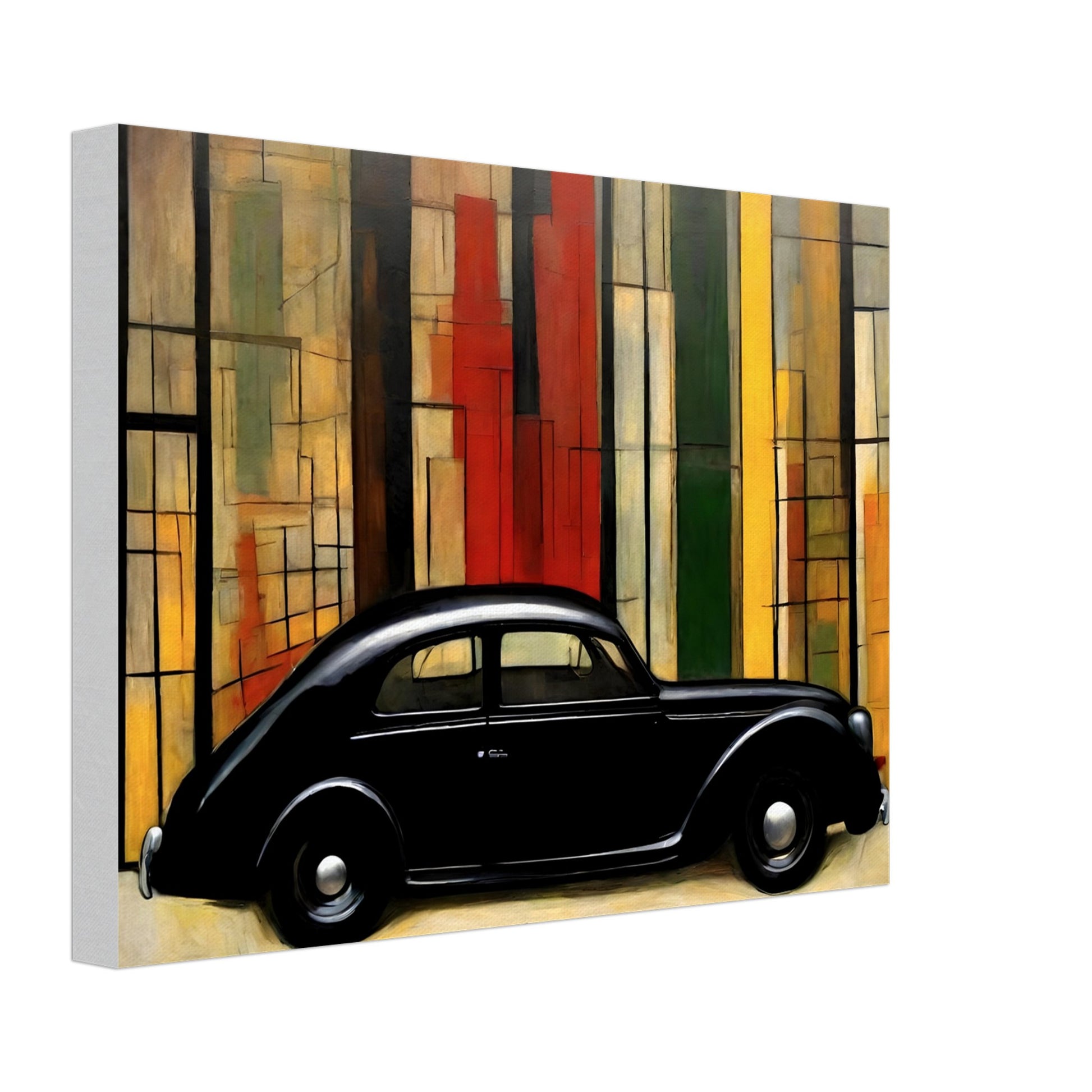 A sleek black vintage car set against a modernist background of vertical colored panels in red, yellow, and green tones.