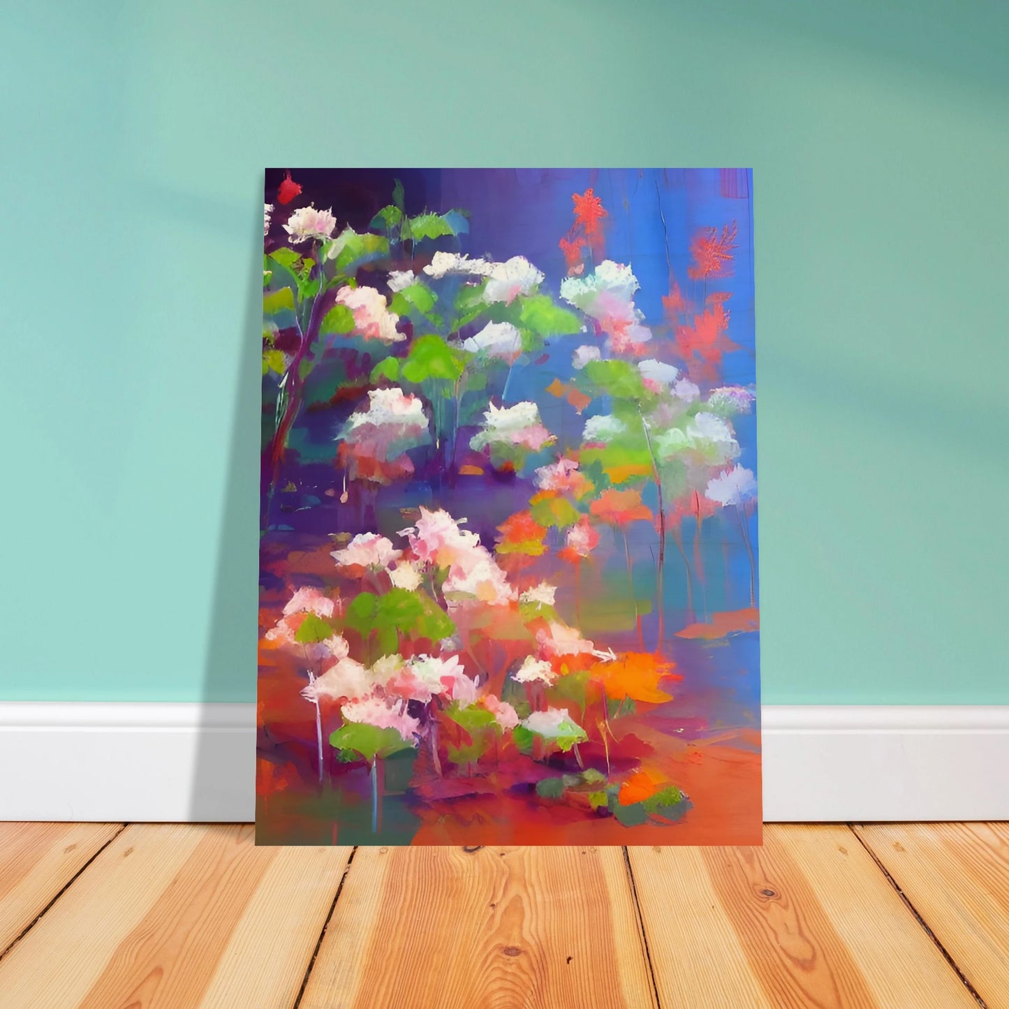 A vibrant floral composition featuring soft pink and white blossoms with bright green leaves, illuminated against a luminous blue and violet background in an expressive contemporary style.
