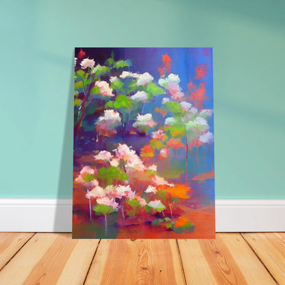 A vibrant floral composition featuring soft pink and white blossoms with bright green leaves, illuminated against a luminous blue and violet background in an expressive contemporary style.