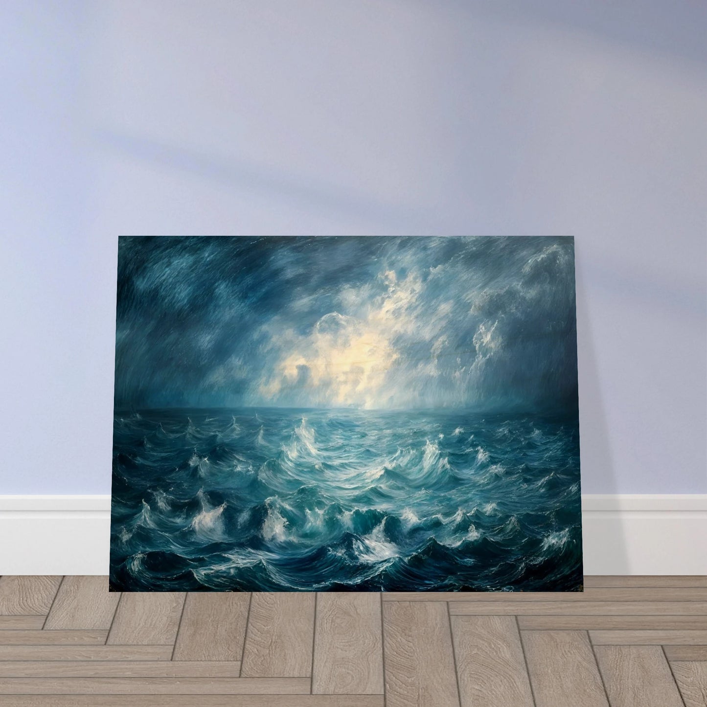 Powerful stormy seascape with churning blue waves beneath dramatic clouds, illuminated by radiant light breaking across the horizon.