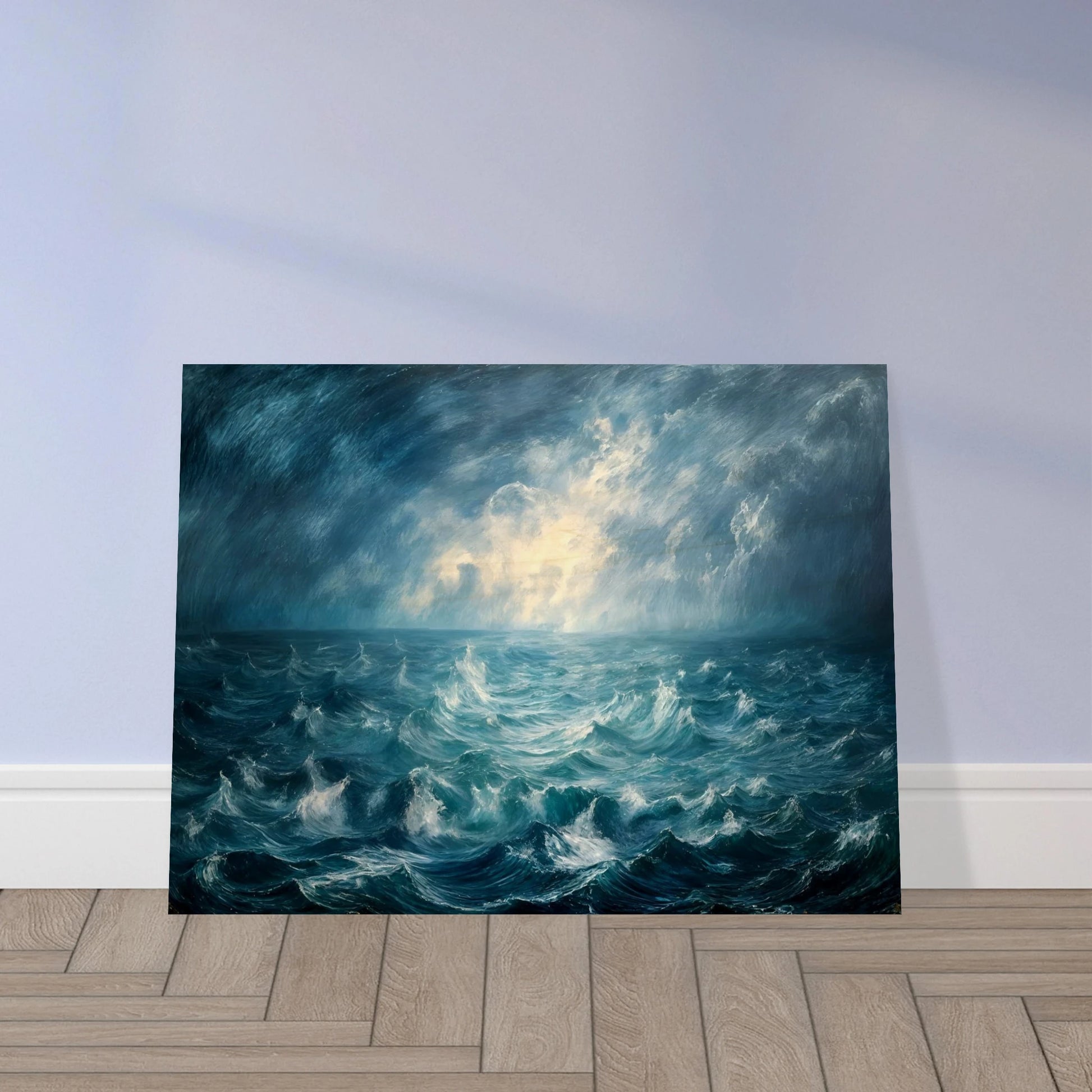 Powerful stormy seascape with churning blue waves beneath dramatic clouds, illuminated by radiant light breaking across the horizon.