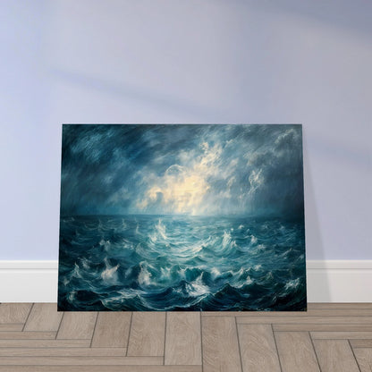 Powerful stormy seascape with churning blue waves beneath dramatic clouds, illuminated by radiant light breaking across the horizon.