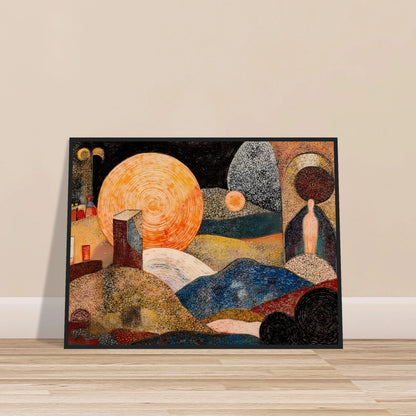 A surreal abstract landscape featuring rolling textured hills, monumental glowing circular forms, architectural structures, and a solitary human figure set within a dreamlike cosmic environment.