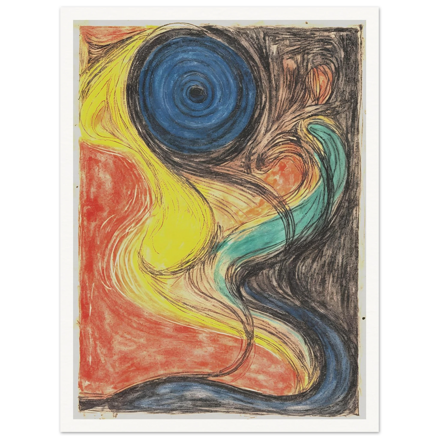 Flowing abstract lines weave through fiery red, luminous yellow, deep blue, and shadowed black, evoking cosmic movement and elemental energy.